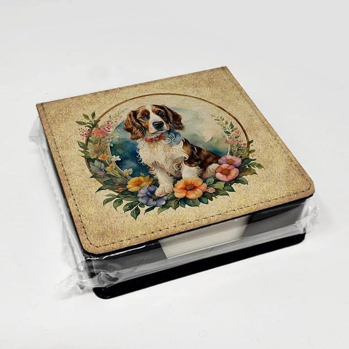 Caroline's Treasures Welsh Springer Spaniel and Flowers PU Leather Note Paper Holder with Artist-Designed Cover, Desk Accessory, Office Gift