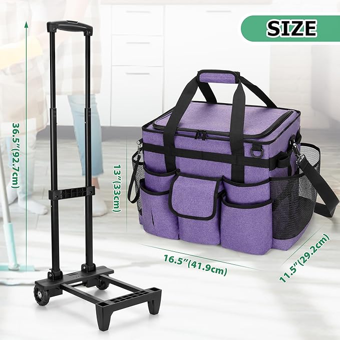 LoDrid Rolling Cleaning Caddy with Lid and Detachable Trolley, Purple | Cleaning Supplies Organizer, Cleaning Caddy Cart on Wheels with Handle and Shoulder Strap for Housekeepers