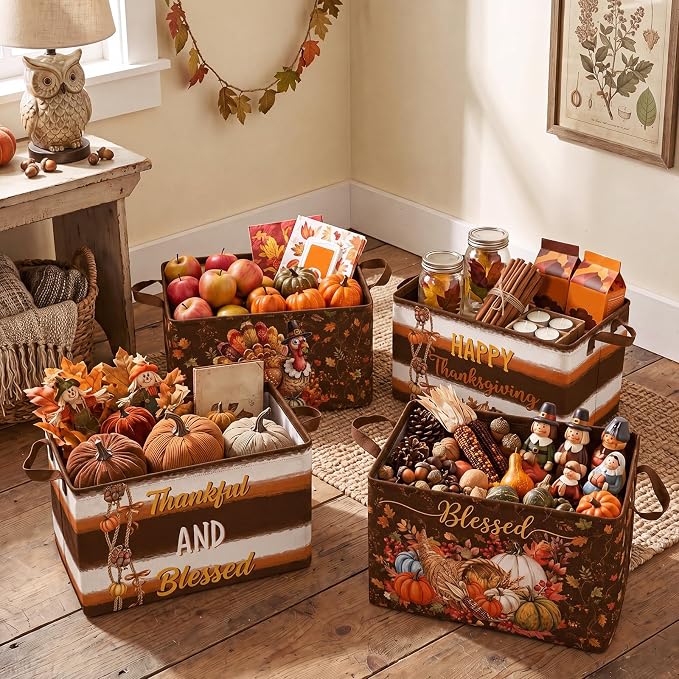 4 Pcs Fall Storage Basket for Gifts Empty Large Thanksgiving Turkey Storage Bins with Handles 15 x 10 x 8 Fabric Laundry Baskets Harvest Collapsible Organizer Boxes for Home Clothes Toys Books