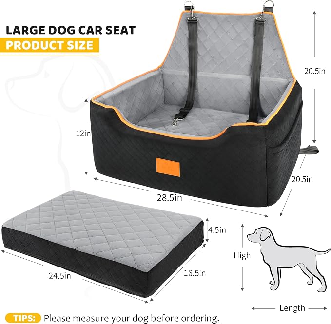 XIEEAOZEE Dog Car Seat for Large/Medium Dog, Booster Seat for Dogs Under 55Lbs or 2 Small, Detachable and Washable Travel Pet Seat with Thick Cushion and Storage Pockets (Black/Gray)