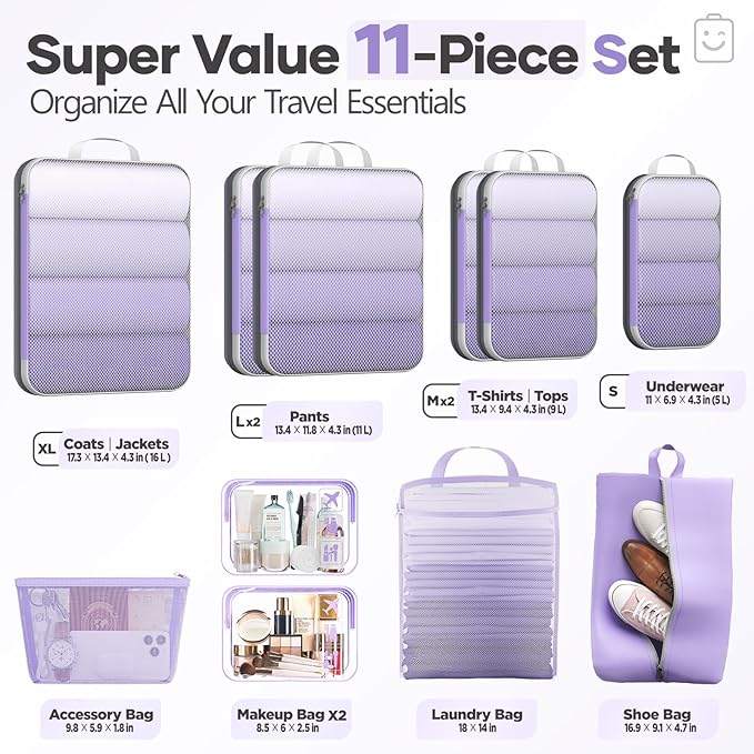 Veken 11 Set Compression Packing Cubes Garment Bags for Travel Essentials,Compressible Expandable Luggage Organizer Bags for Clothing,Space Saver Bags with Over 1000 pcs of Mesh Holes(Light Purple)