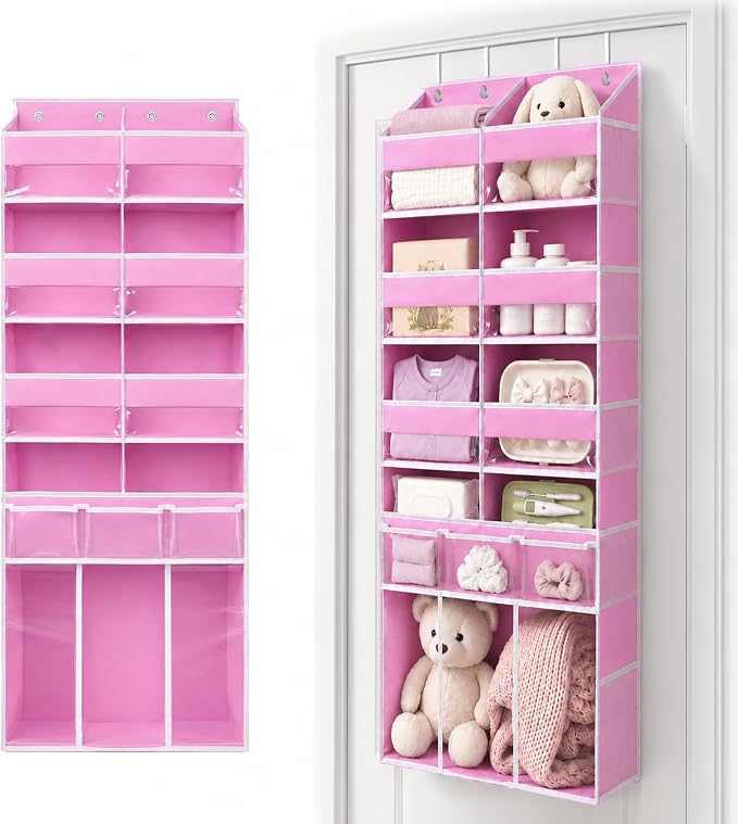 Extra Large Over The Door Organizer with Clear Pockets - 8 Compartments & XL Bottom Storage, Heavy-Duty Hanging Organizer for Bathroom, Bedroom, Closet (57 Inch Height). (Pink)