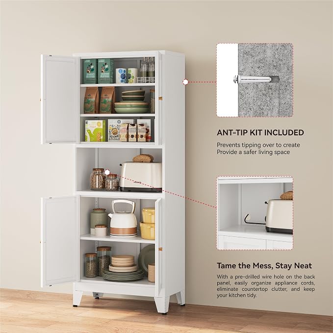 YAUWOH 69" Tall Metal Kitchen Pantry Cabinet with Microwave Shelf, 4 Doors & 3 Adjustable Shelves, Heavy Duty Food Storage Cabinet with Anti-Tip Design for Kitchen,Dining Room (1PC,White)