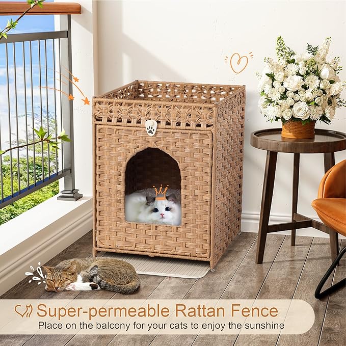 Snughome Cat Litter Box Enclosure Furniture Hidden with Litter Mat, Hidden Washroom Furniture with Door, Handwoven Rattan Cat Washroom Box, Indoor Pet House for Living Room, Bedroom(Natural)