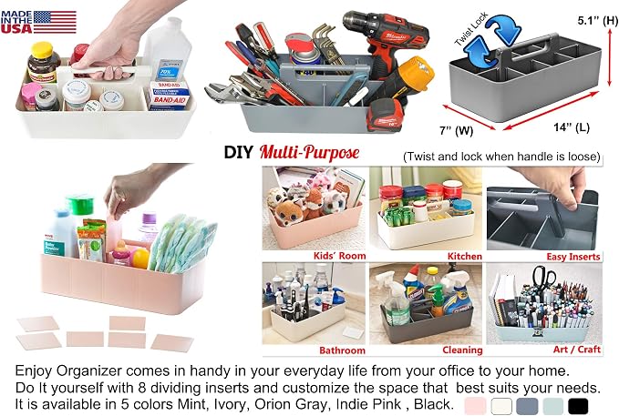 2 PACK - Portable DIY 8 Dividers Durable Plastic Organizer Tote Tool, Supply, Vanity Storage Home Office School Makeup Cleaning Caddy with Handle Made In USA (Ivory)