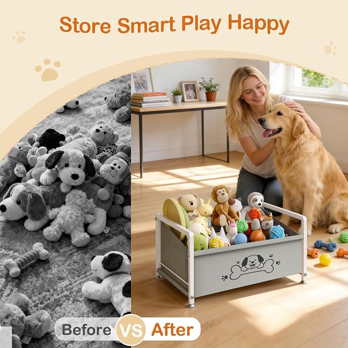 Dog Toy Box for Storage, Metal Frame Oxford Fabric Pet Toy Organizer with Raised Legs, Large Capacity Dog Toy Basket with Front Low Opening, Washable and Durable Design