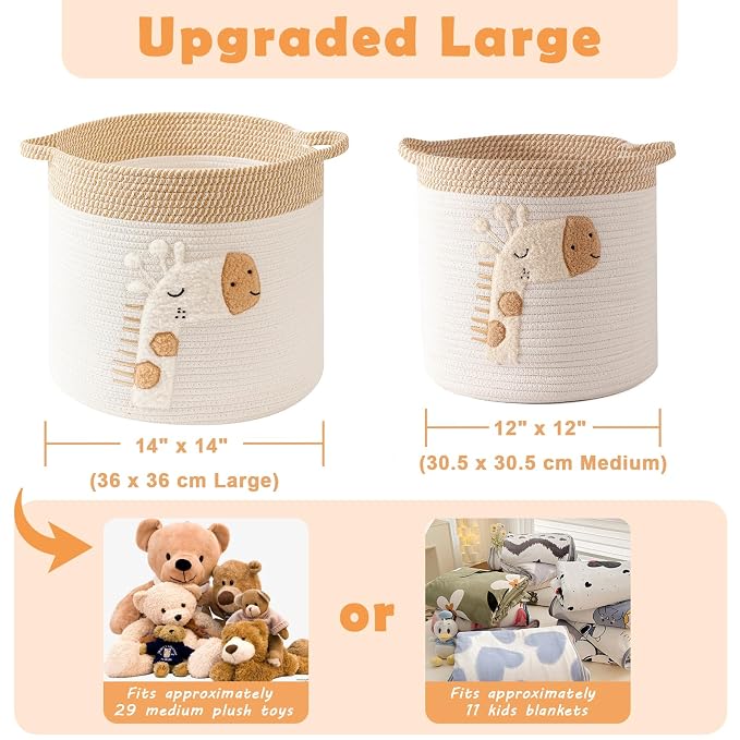 Large Blanket Baskets for Living Room Decor, Toy Storage Baskets 14" x 14" Woven Cotton Rope Basket for Kids, Dog Toys Organizer Clothes Hamper with Embroidery Decor for Nursery Laundry, Giraffe