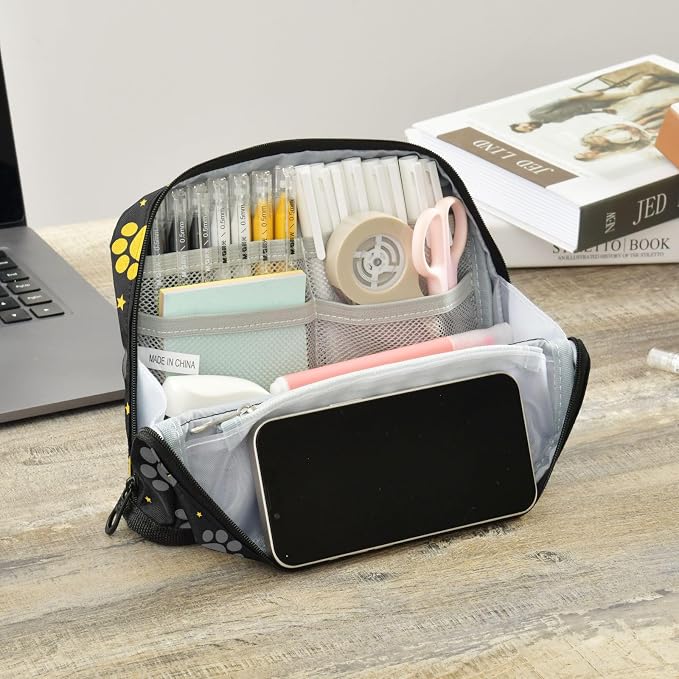 Aslsiy Large Capacity Pencil Case Yellow Grey Pet Paws Stars (1) Pencil Pouch for Boys Girls Portable Pen Bag Organizer Standing Makeup Bag for School Office Supplies