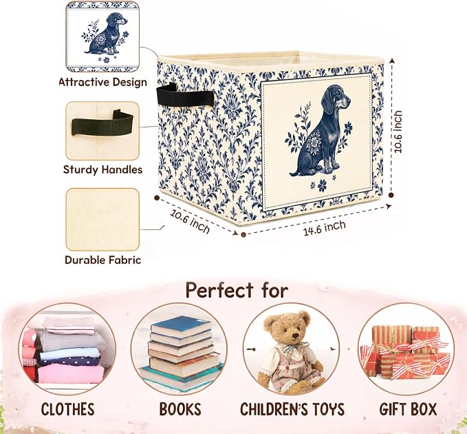 Blue Floral Dog Storage Bin, Foldable Fabric Organizer | Vintage blue floral dog storage bin for toys, books, clothes, pet supplies, nurseries, bedrooms, shelves, and closets.