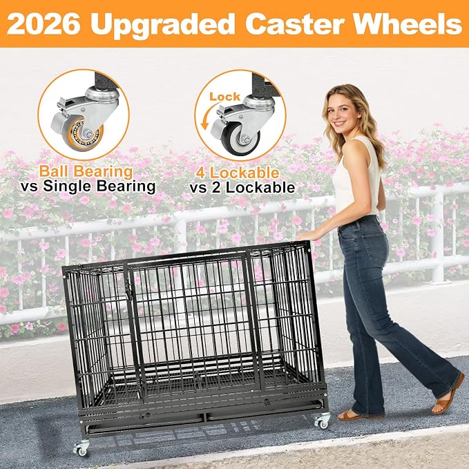 Homey Pet 47 Inch Heavy Duty Indestructible Dog Crate, Stackable Escape Proof Dog Cage Kennel Indoor with Two Trays, Metal Grids, Wheels, Double Doors for High Anxiety Large Dogs(2 Tiers)