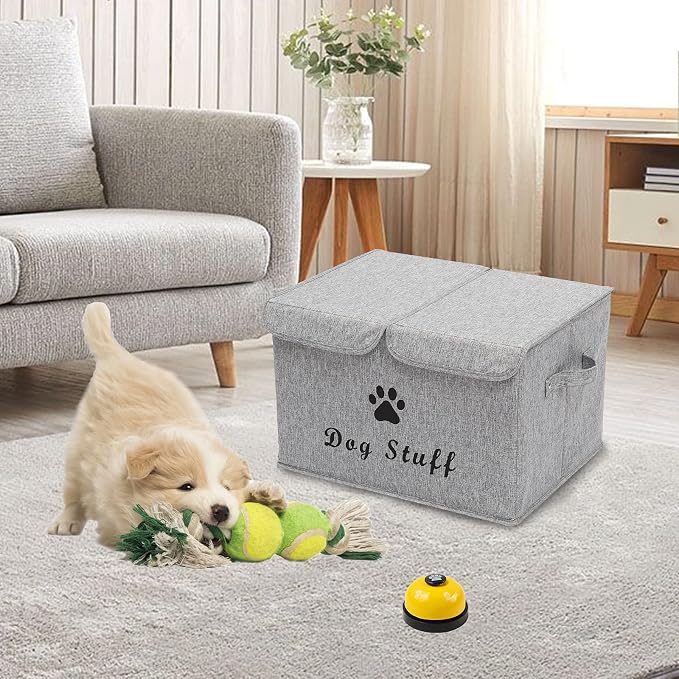 Large Storage Boxes - Large Linen Fabric Foldable Storage Cubes Bin Box Containers with Lid and Handles for Dog Apparel & Accessories, Dog Toys(Snow Grey)