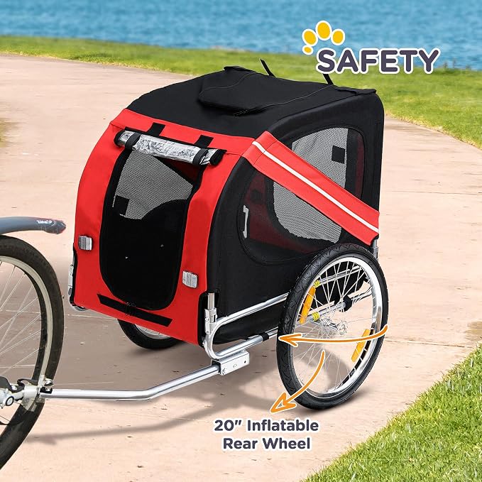 Aosom Dog Bike Trailer Easy Folding Cart Frame 20" Wheels | Pet Wagon Bicycle Trailer, Large Rubber Wheels, 3 Entrances, Mesh Screen, Off-Road and Travel