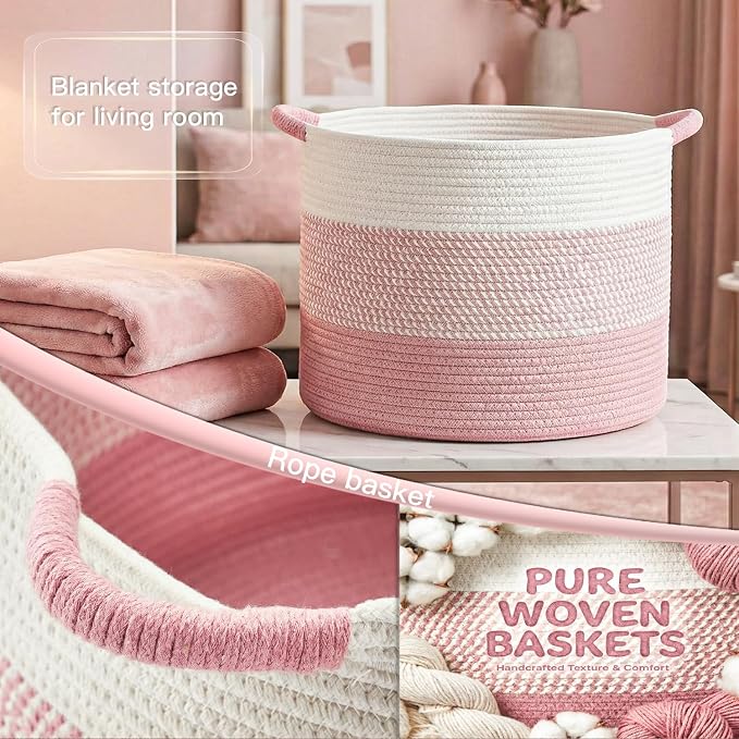 Artfeel 100L Large Cotton Rope Basket, Decorative Woven Blanket Storage for Living Room, Boho Toy Storage & Toy Box for Kids, Versatile Laundry Basket & Nursery Hamper for Blankets(Pink)