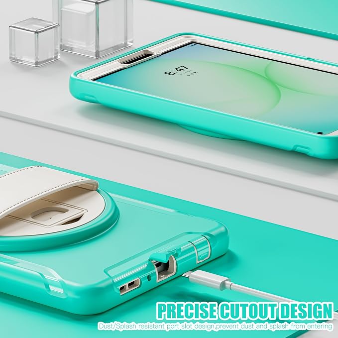 for Samsung Galaxy Tab A11 (2025) 8.7 inch Case 5G with Screen Protector, Hand Strap, Pen Holder & 360° Rotating Stand,Shockproof Protective Cover for SM-X130/X133/X135 (Green B)