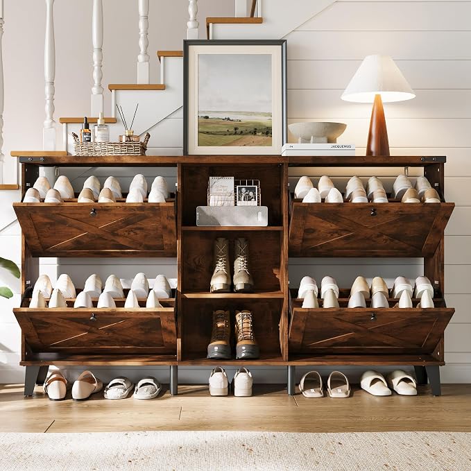 LINSY 63" Farmhouse Shoe Storage Cabinet Brown | Tall Flip-Drawer Shoe Rack for Entryway, Adjustable Shelves for Boots, Heels & Sneakers Wood Finish with Sturdy Metal Legs