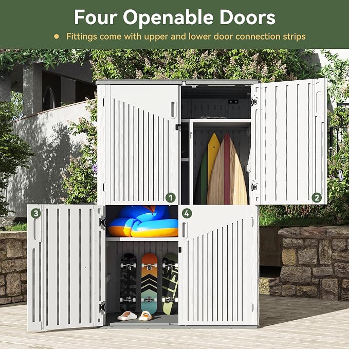 Aoxun 64 Cu.Ft Resin Outdoor Storage Shed with 2 Shelves & Floor, White | Vertical Waterproof Cabinet for Garage, Pool, Bike, Garden Tools, Patio Furniture