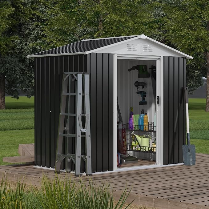 Outdoor Sheds 6FT x 4FT Outdoor Storage, Metal Anti-Corrosion Utility Tool House with Lockable Door & Shutter Vents，Outdoor Waterproof Garden Tool Metal Storage Sheds（Grey）