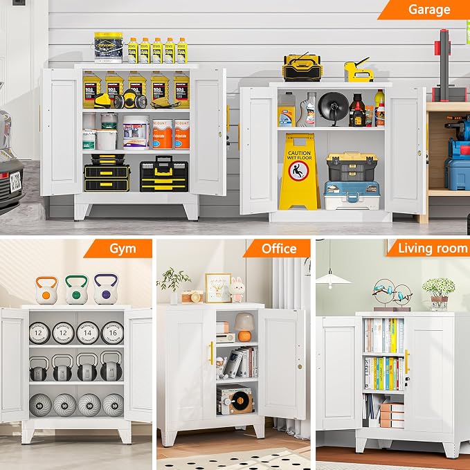 Small Metal Storage Cabinet, Lockable Tool Cabinet with Doors and 2 Shelves | 2 Adjustable Shelves, Locking Doors, Magnetic Closure, Adjustable Feet, Cold-Rolled Steel, Compact 27.5-Inch Width