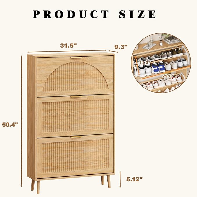 Shoe Storage Cabinet with 3 Flip Drawers, Narrow Wood Shoe Organizer Cabinet with Fluted Panel, Slim Shoe Rack for Entryway, Freestanding Shoe Cabinet for Living Room, Hallway, Wood Color