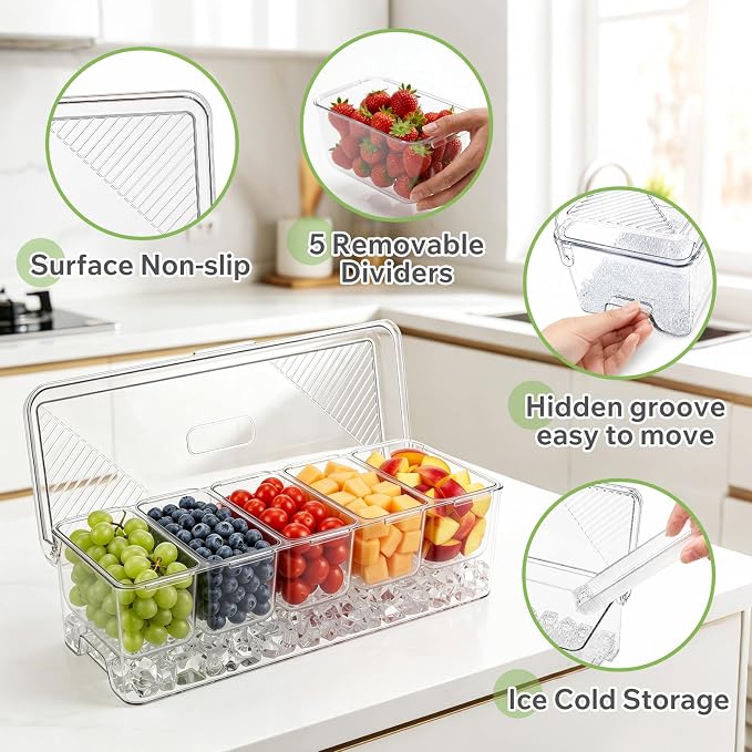 Condiment Caddy with Lid, Condiment Containers,Serving trays | Food Storage Containers, Includes 5 Spoons and 2 Clips, 5 Detachable Compartments, For Fruits Nuts Cookies Condiments