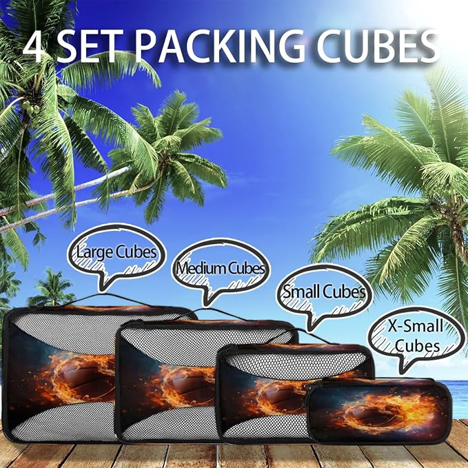 Fire Basketball Packing Cubes for Travel, Luggage Packing Organizers, Burning Ball Travel Accessories Large Toiletries Bag for Clothes Shoes Cosmetics Toiletries
