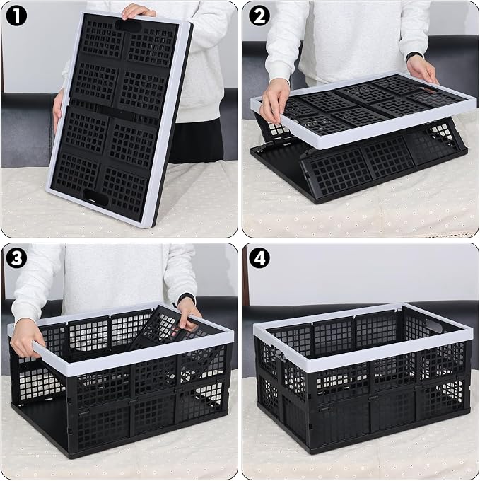 3-Pack 66 L Collapsible Milk Crates, Folding Plastic Storage Bins | Stackable Containers for Organizing, Foldable Crates 23.5 x 16.88 x 11.81 in, Black, Space-Saving Fold-Flat Design