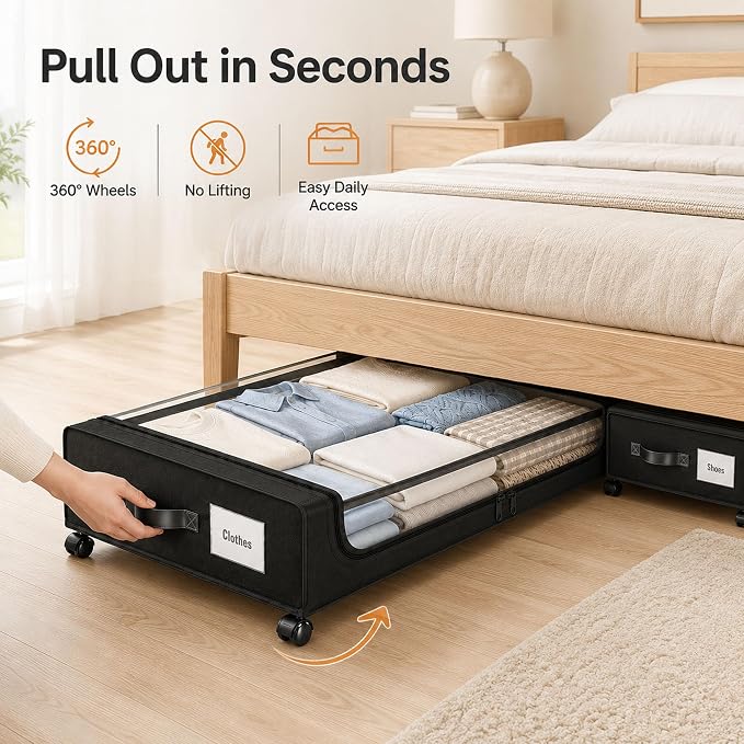 Camkey® Under Bed Storage with Wheels, 2-Pack 60L Bins, Low Profile, Black | Two 60L Rolling Underbed Storage Bins with 360° Wheels, Clear Zippered Lids, Pull Handles, Label Pockets and Black Fabric