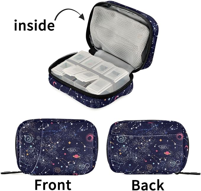 Ollabaky Galaxy Pill Case Butterfly 7 Day Pill Organizer Galaxy Travel Pill Case Portable Weekly Pill Box Bag Container Vitamin Supplement Holder with Zipper for Family Business