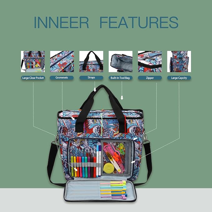 Yarn Knitting Storage Tote-Large Capacity Crochet Organizer Portable Travel Bag with Shoulder Strap Crochet Hooks Case for Unfinished Bulk Project
