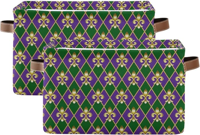 Happy Mardi Gras Green Purple Storage Basket with Waterproof Liner and PU Handles Fleur de Lis Buffalo Plaid Storage Bins Boxes 14.2" Collapsible Decorative Organizer Baskets for Bedroom Office 2 Pack