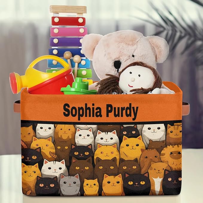 Personalized Kids Toy Box with Name, Custom Nursery Baskets Cubes Bins, Kids Custom Storage Basket Laundry Baskets Organizer with Handles, Cute Colorful Cats Pattern
