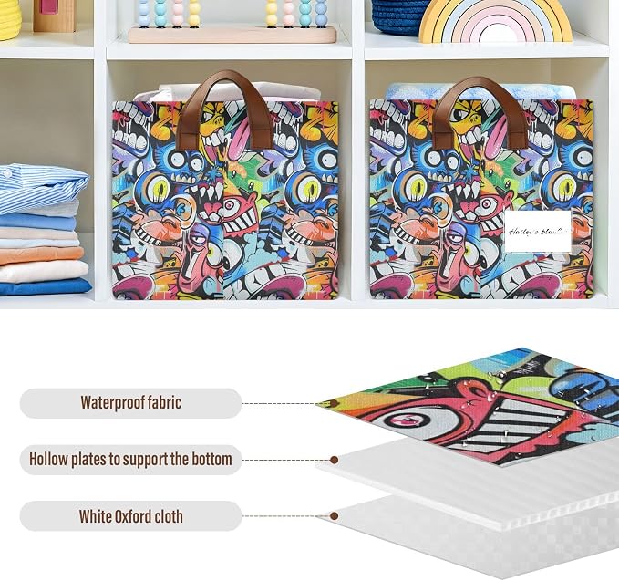Colorful Street Graffiti Art Monkey Baby Storage Basket with Labels&Handles Rectangular Waterproof Nursery Storage Bins Collapsible Shelf Organizer Baskets for Kids Books Cloth Gift Toys Laundry