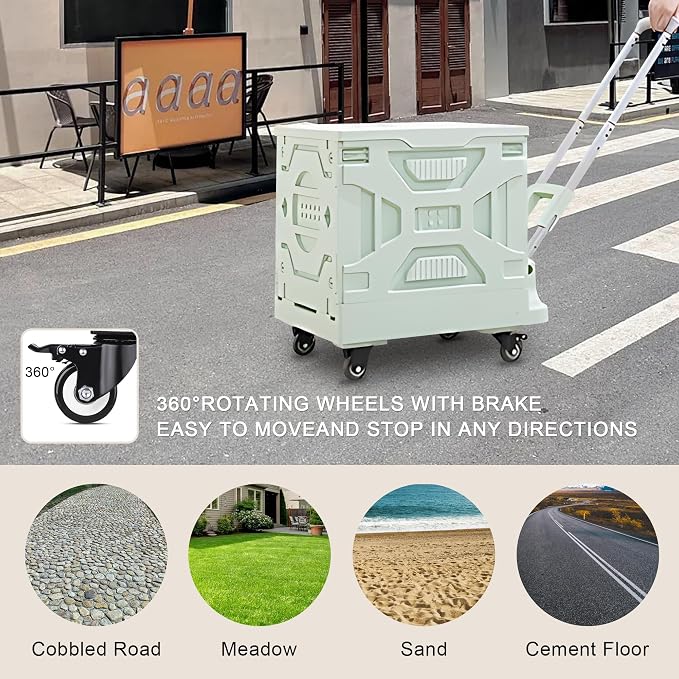 VECELO 66LHeavy-Duty 2-in-1 Foldable Utility Cart, Large Capacity Rolling Crate, Thickened Material with Silent Swivel Wheels, Dual Modes (Basket/Flatbed) for Grocery, Laundry, Camping, Green
