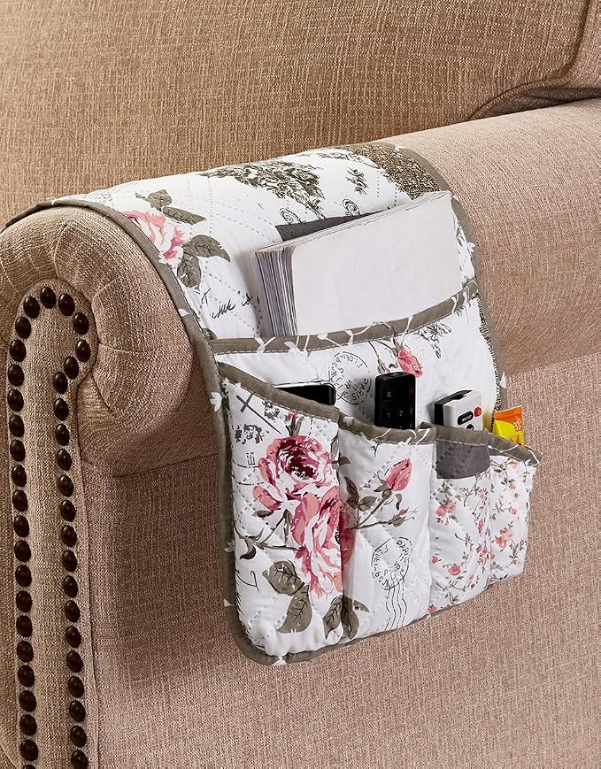 Brilliant Sunshine Pink Rose & Grey Toile Couch Armrest Cover, 35"×13" | Washable Magazine Holder, Armrest Organizer & Caddy on Sofa, Recliner, Armchair, Storage for Remote Controls, Phone, iPad