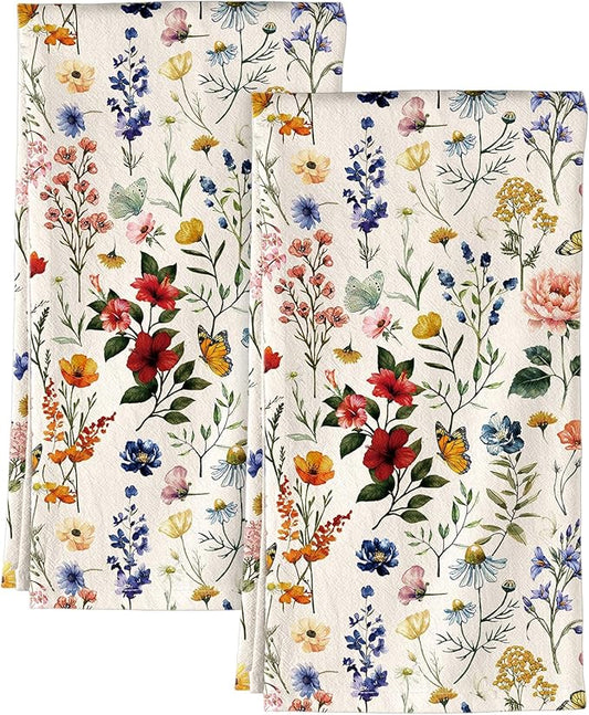 Miss Adola Flour Sack Kitchen Towels - Set of 2 Spring Dish Towels with Hanging Loop 18x26 Inch Absorbent Reusable Cotton Cloths for Cleaning Cute Design Home Decorative Housewarming, Vintage Flower