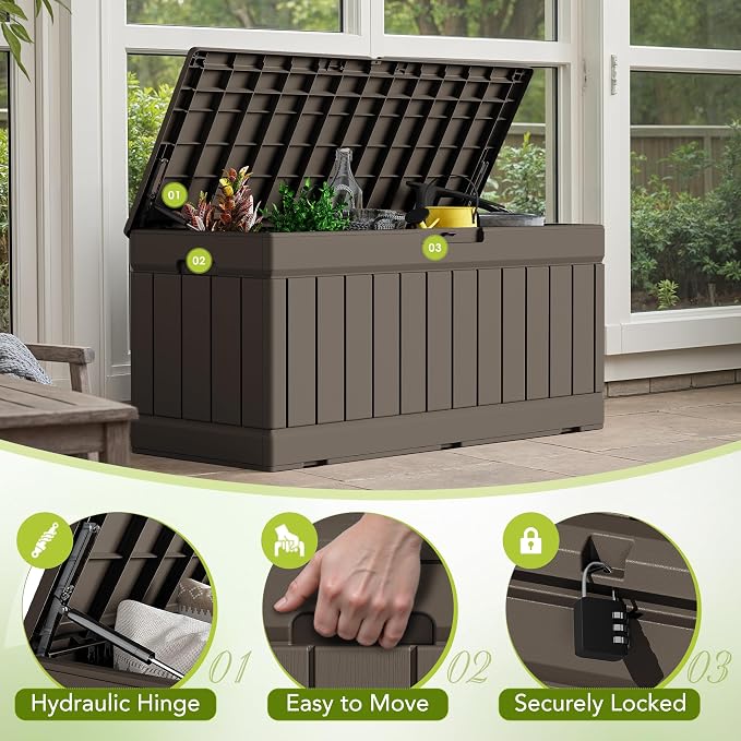 Devoko 78 Gallon Deck Box, Waterproof Resin Outdoor Storage Box | Outdoor Storage Bench Lockable for Outside and Patio Furniture, Garden Tools and Pool Supplies
