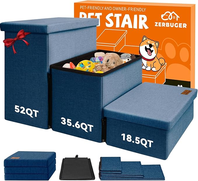 Zerbuger Dog Stairs with Storage, Navy Blue 3 Steps Dog Ramp no Condo | 18" H Wider Dog Steps for High Beds Couch, Folding Storage Pet Stairs Gift for Climbing Small/Medium/Large Old Dogs Cats