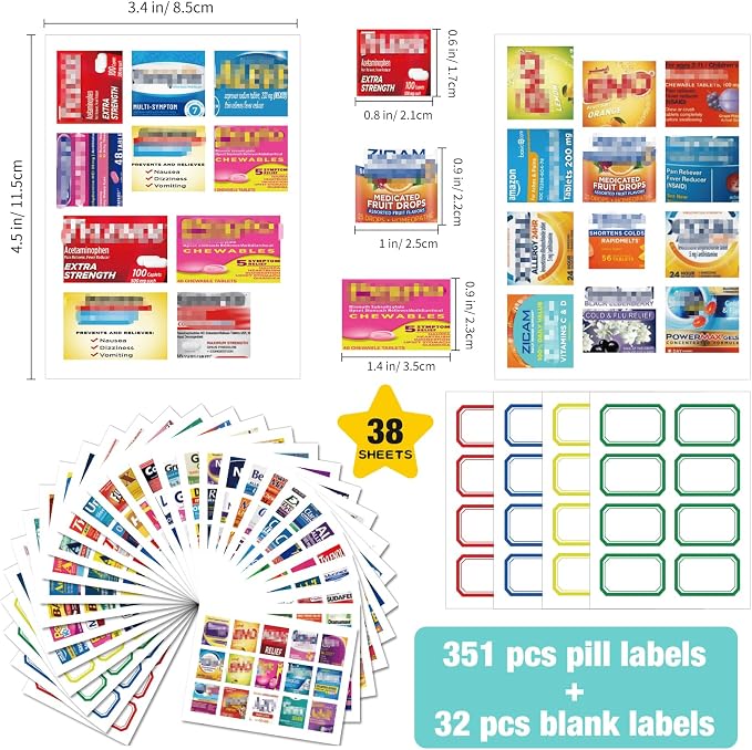 383Pcs Pill Organizer Medicine Labels, Pre-Cut Medicine Stickers Travel Daily Pill Container Labels with 34 Sheets Pill Box Labels Pill Organizer Stickers of Brands+4 Sheets Blank Stickers(351+32PCS)