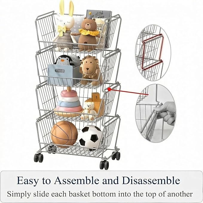 PUSDON 4-Tier Large Stackable Wire Storage Baskets with Wheels, Metal Rolling Utility Cart Organizer, Fruit and Vegetable Produce Basket for Kitchen Pantry, Bathroom Floor Shelf, Silver Grey