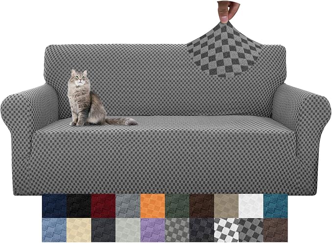 YEMYHOM Couch Cover Latest Jacquard Design High Stretch Sofa Covers for 3 Cushion Couch, Pet Dog Cat Proof Slipcover Non Slip Magic Elastic Furniture Protector (Large, Dark Gray Checkered)