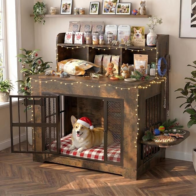 Petrova 33" Dog Crate Furniture with Storage Shelf & 2 Stainless Steel Bowls, Heavy Duty Indoor Dog Kennel for Medium/Small Dogs, Wooden Dog Cage with 4 Hooks, LED Light, Walnut Brown