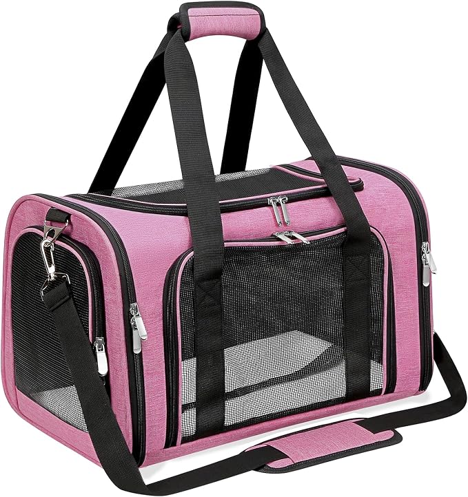 Soft-Sided Cat/Dog/Pet Carrier, Collapsible Pets Travel Carriers | for Big Cats/Small Dogs with Shoulder Strap & Removable Mat, Mesh Puppy Carry Bag, Up to 16 Lbs, TSA Airline Approved(Pink)