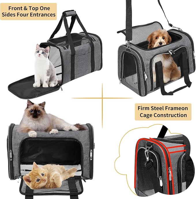 Soft-Sided Cat/Dog/Pet Carrier, Collapsible Pets Travel Carriers | For Big Cats/Small Dogs with Shoulder Strap & Removable Mat, Mesh Puppy Carry Bag,Up to 25 Lbs,TSA Airline Approved-Dark Grey