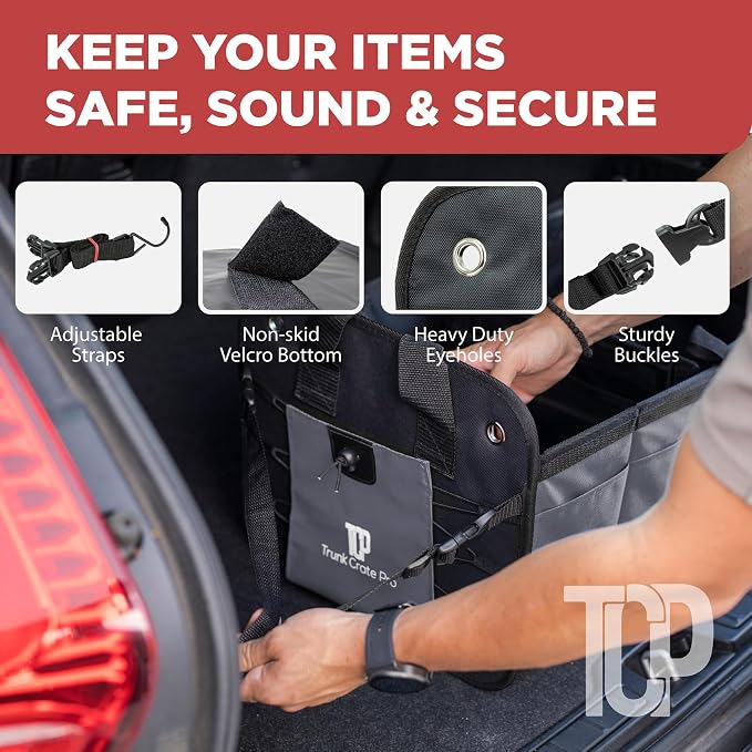 Car Cargo Organizer for SUV, Truck & Auto Storage, Gift, Grey, Large | Fits Cars, SUVs & Trucks • 4 Adjustable Compartments • Non-Slip Base & Straps • Foldable • 11 Pockets • Gift