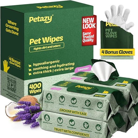 Petazy Dog Wipes for Paws and Butt – 400 Count (8x8in) Hypoallergenic, Deodorizing Pet Wipes for Dogs and Cats | Extra Large, Plant-Based, Lavender Scented | Includes 4 Grooming Glove Wipes