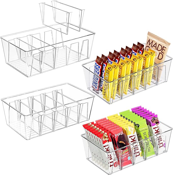 Puricon 4 Pack Pantry Organization and Storage Bins for Kitchen Fridge | Stackable Clear Plastic Storage Racks with Removable Dividers for Countertop Cabinet, 5 Compartments for Snacks Packet Spices