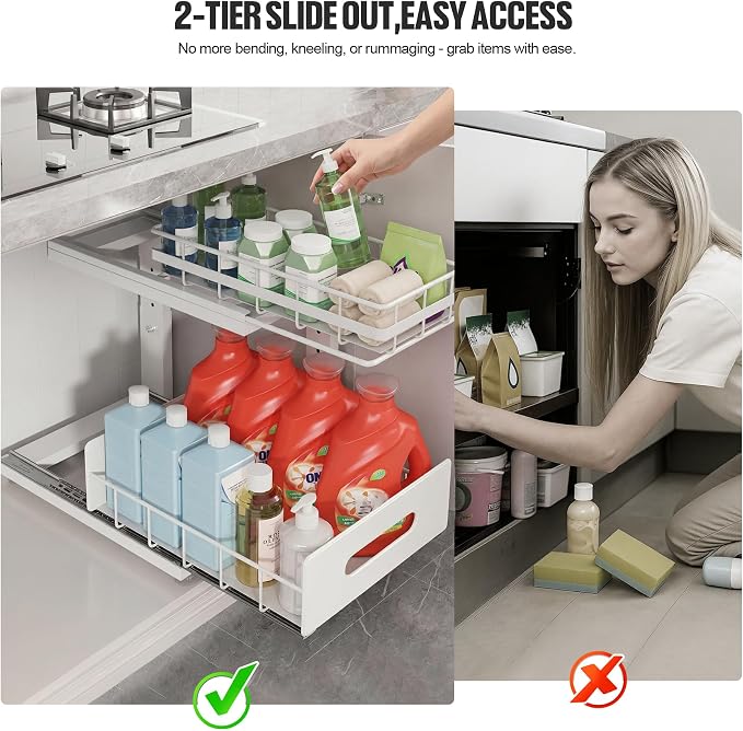 Under Sink Organizer Upgrade To Professional Rails,2-Tier Dual Pull Out Cabinet Storage,Height Adjustable Slide Out Drawers For Bathroom Kitchen,2 Pack-14.5" Dx12.8-16.9" H,White