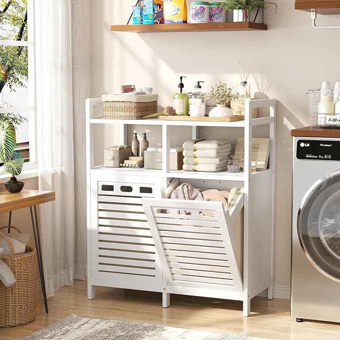 Homykic Tilt Out Laundry Hamper Cabinet, Bamboo Laundry Organizer, White | 20 Gal Laundry Sorter with 2 Removable Liner Bags, Hidden Clothes Hamper with Shelf for Laundry Room, Bathroom, Closet