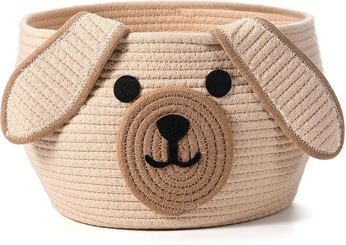 Zopeal Woven Dog Basket with Handles for Toy Storage,Khaki,13 x 8 Inch | Pet Gift Basket, Toys Storage Organizer, Cotton Rope Rectangular Bin, Keeps Puppy Items Organized, Sturdy Handles