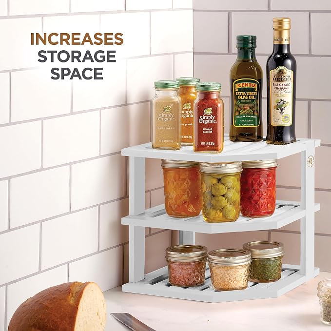 White Plate Organizer for Cabinet - 3 Tier Bamboo Corner Cabinet Organizer Shelf for Plates Bowls Mugs Cups, Kitchen Cabinet Organizer, Cabinet Shelf Organizer, Countertop Rack, 10 x 10 x 9.5 Inch